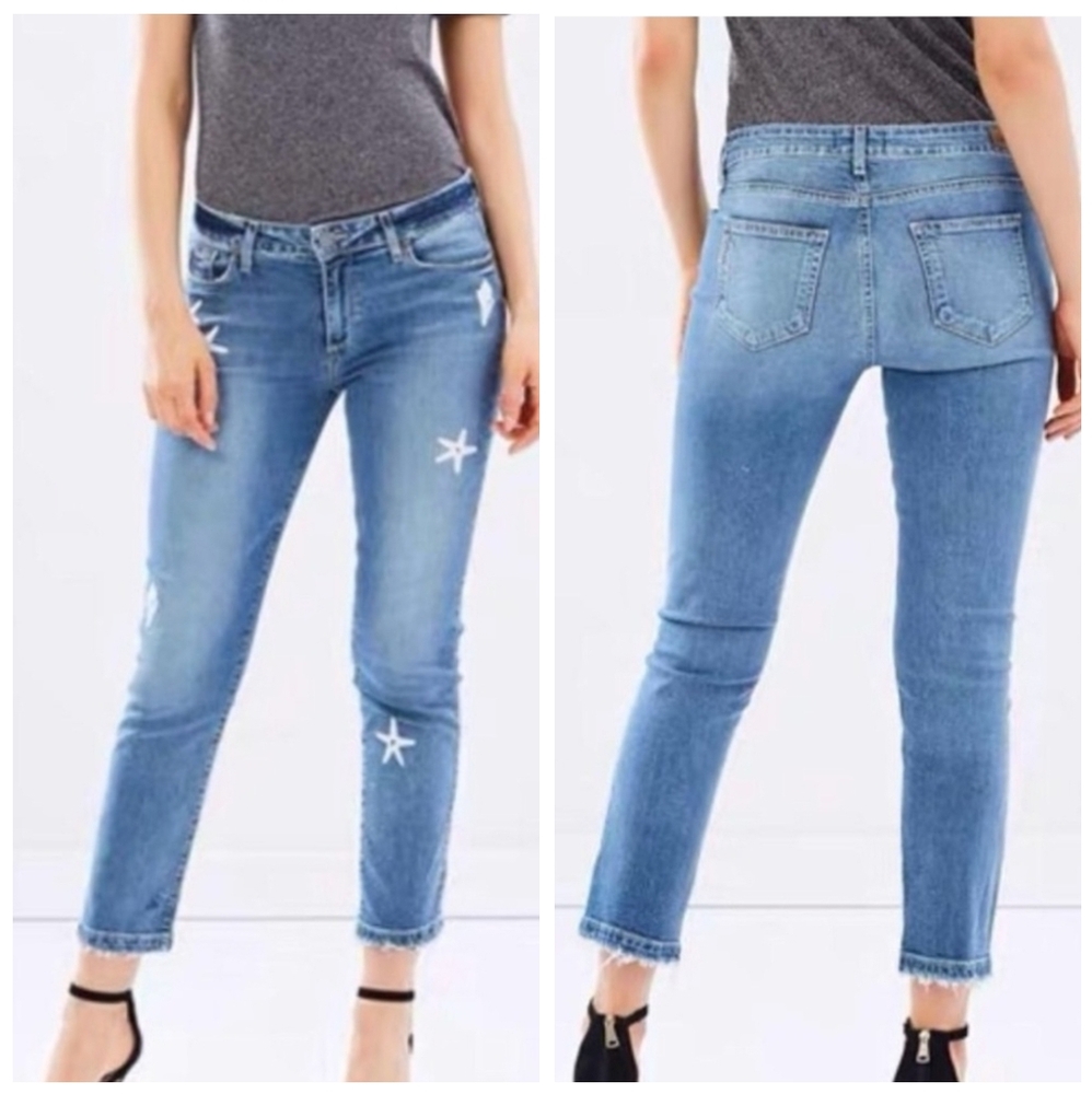 PAIGE Brigitte Cropped Straight Jeans in Oceania, Embroidered Seashells, EUC!